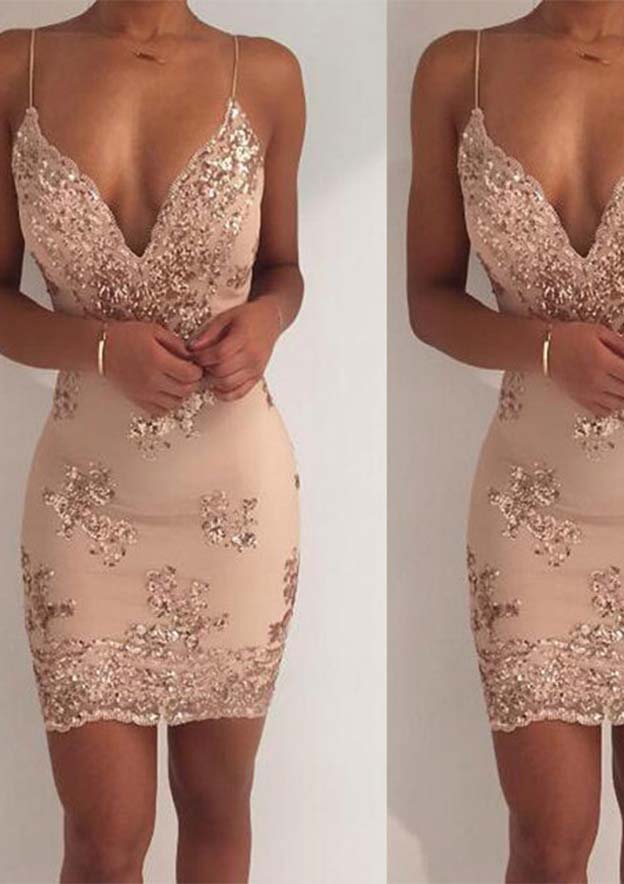 Beautiful Sequined Homecoming Dress - Column V Neck Sleeveless Short - Fashionpara