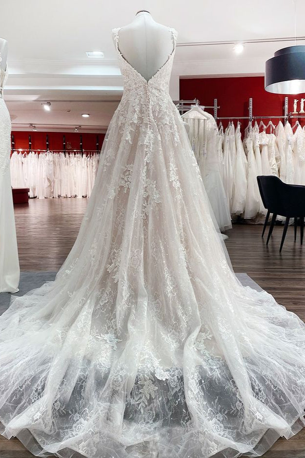 Beautiful Sleeveless Tulle Lace V Neck Ruffles A-Line Wedding Dresses Long - Fashionpara