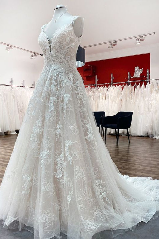 Beautiful Sleeveless Tulle Lace V Neck Ruffles A-Line Wedding Dresses Long - Fashionpara
