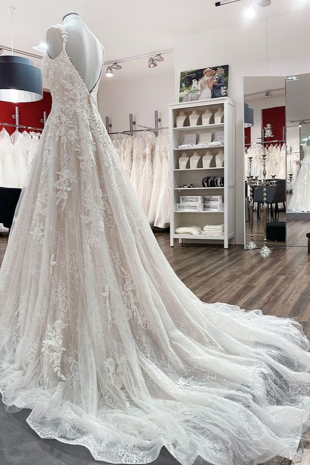 Beautiful Sleeveless Tulle Lace V Neck Ruffles A-Line Wedding Dresses Long - Fashionpara