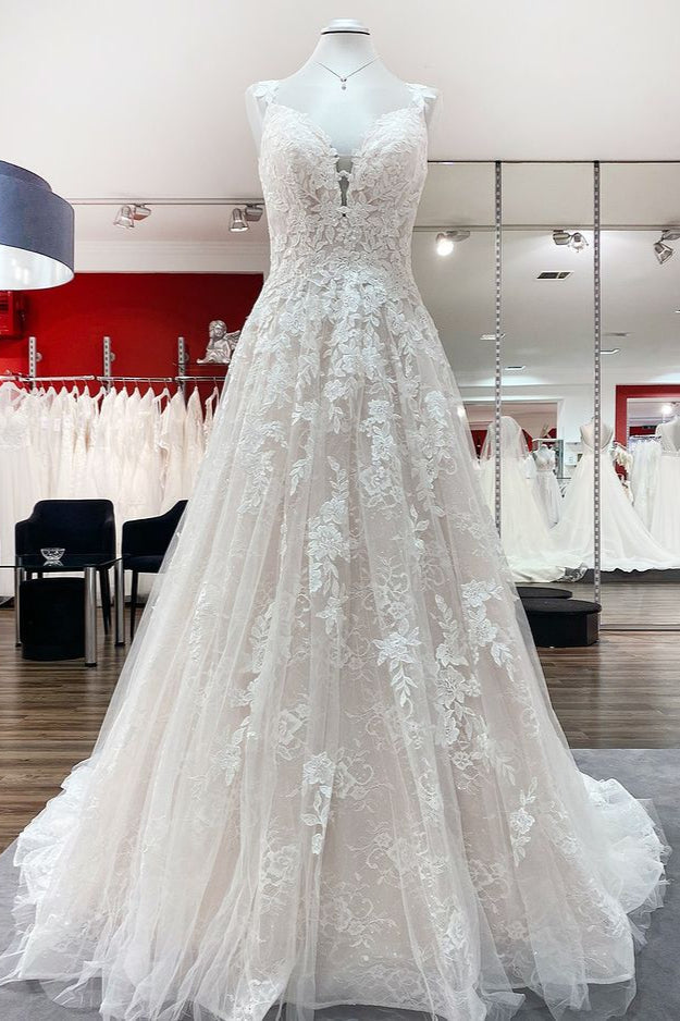Beautiful Sleeveless Tulle Lace V Neck Ruffles A-Line Wedding Dresses Long - Fashionpara