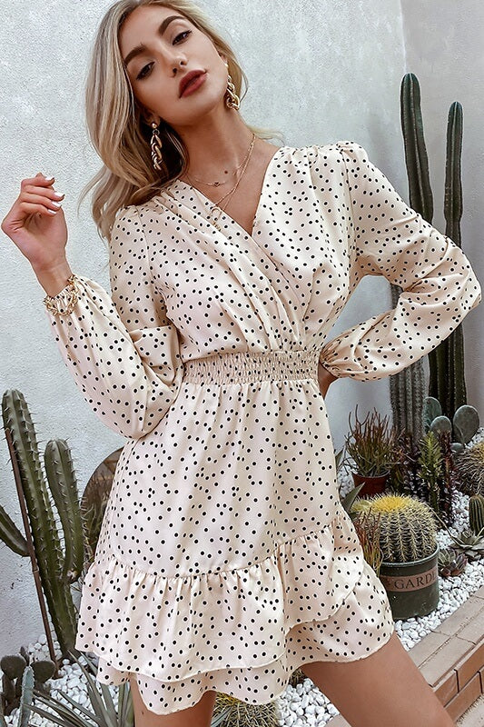 Simplee Long Sleeve V-Neck Polka Dot Print Dress  Fashionpara