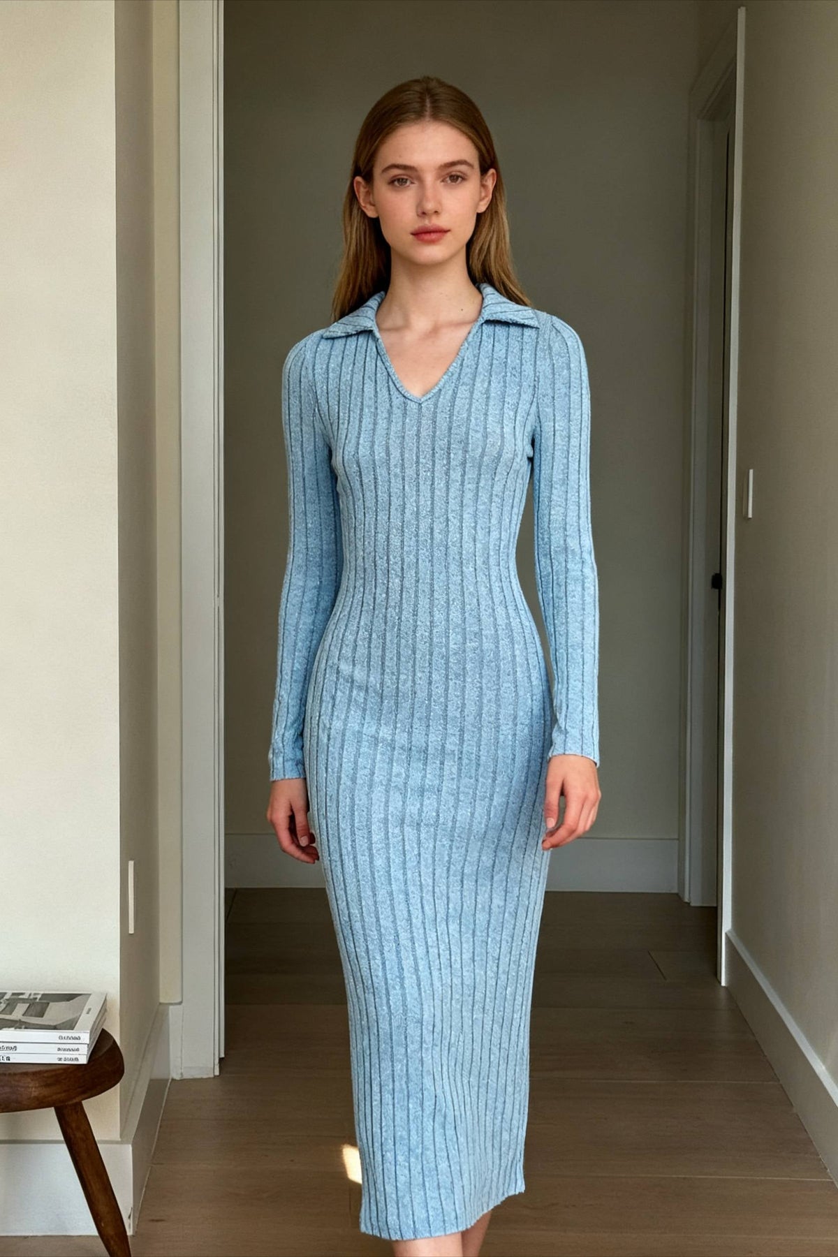 Ribbed Knit Collared Long Sleeve Side Slit Bodycon Maxi Dress