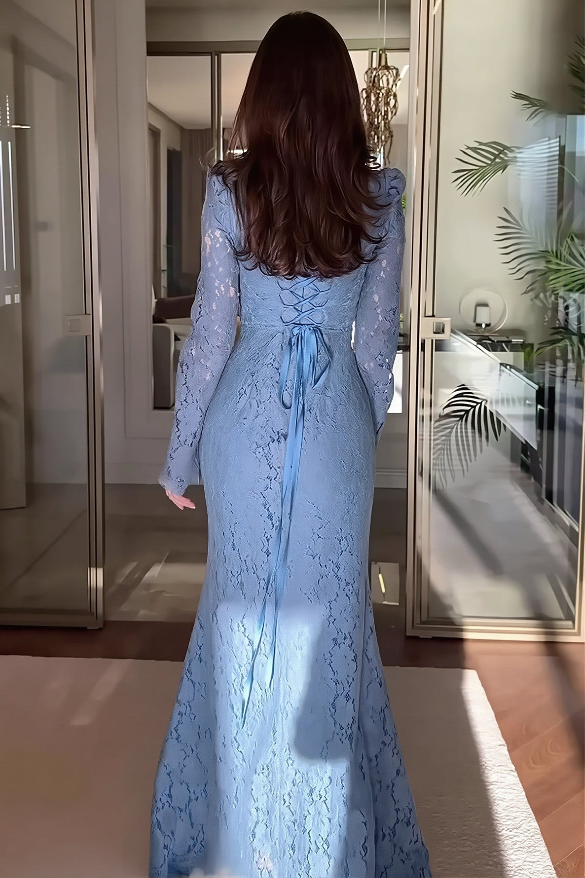 Floral Lace High Neck Long Sleeve Corset Dress