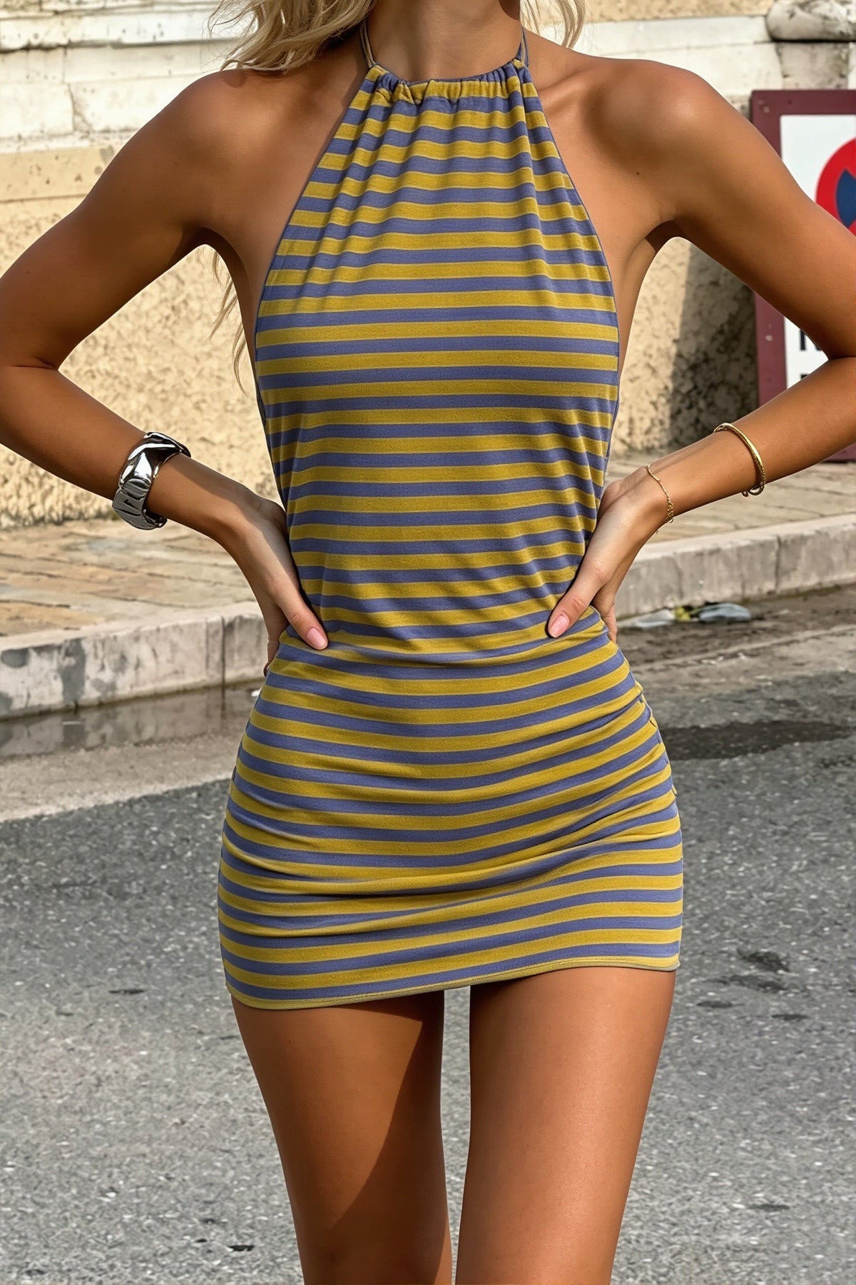Striped Sheer Mesh Halter Neck Bodycon Mini Dress