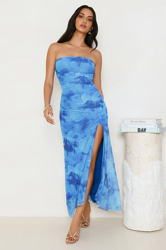 Printed Strapless Ruched High-Slit Bodycon Maxi Dress