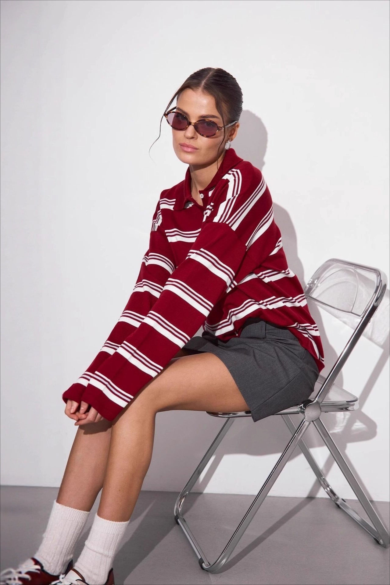 Relaxed Collared Striped Long Sleeve Blouse