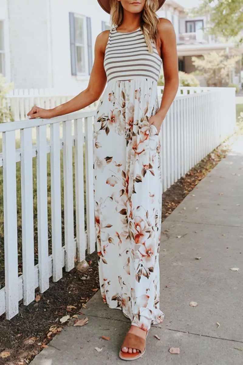 Striped Floral Print Patchwork White Maxi Dress  Fashionpara