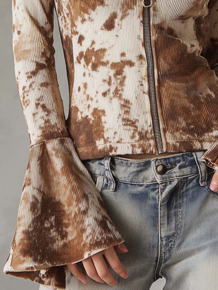 Leather-printed Bell-sleeve Ribbed Knit Shirt - Fashionpara