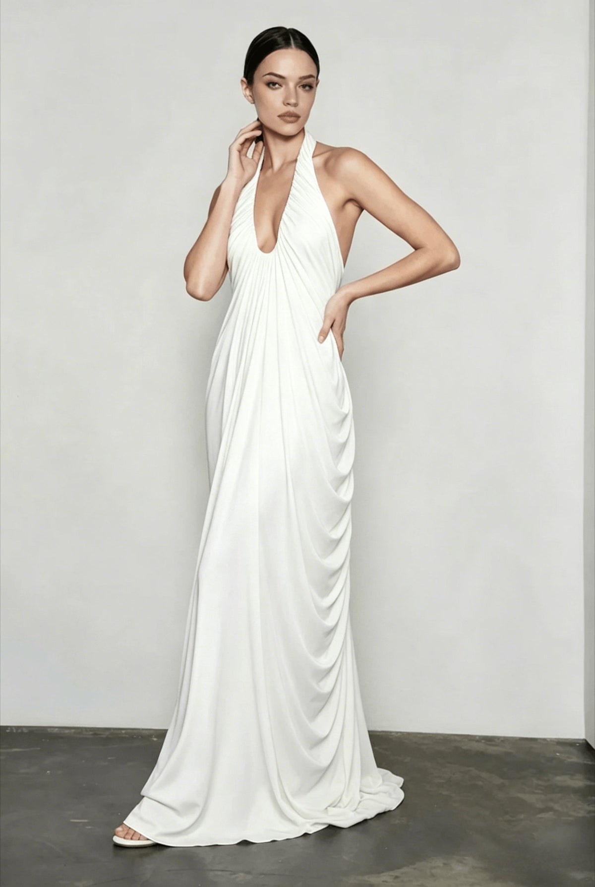 Halter Deep-V Ruched Draped Grecian Column Gown