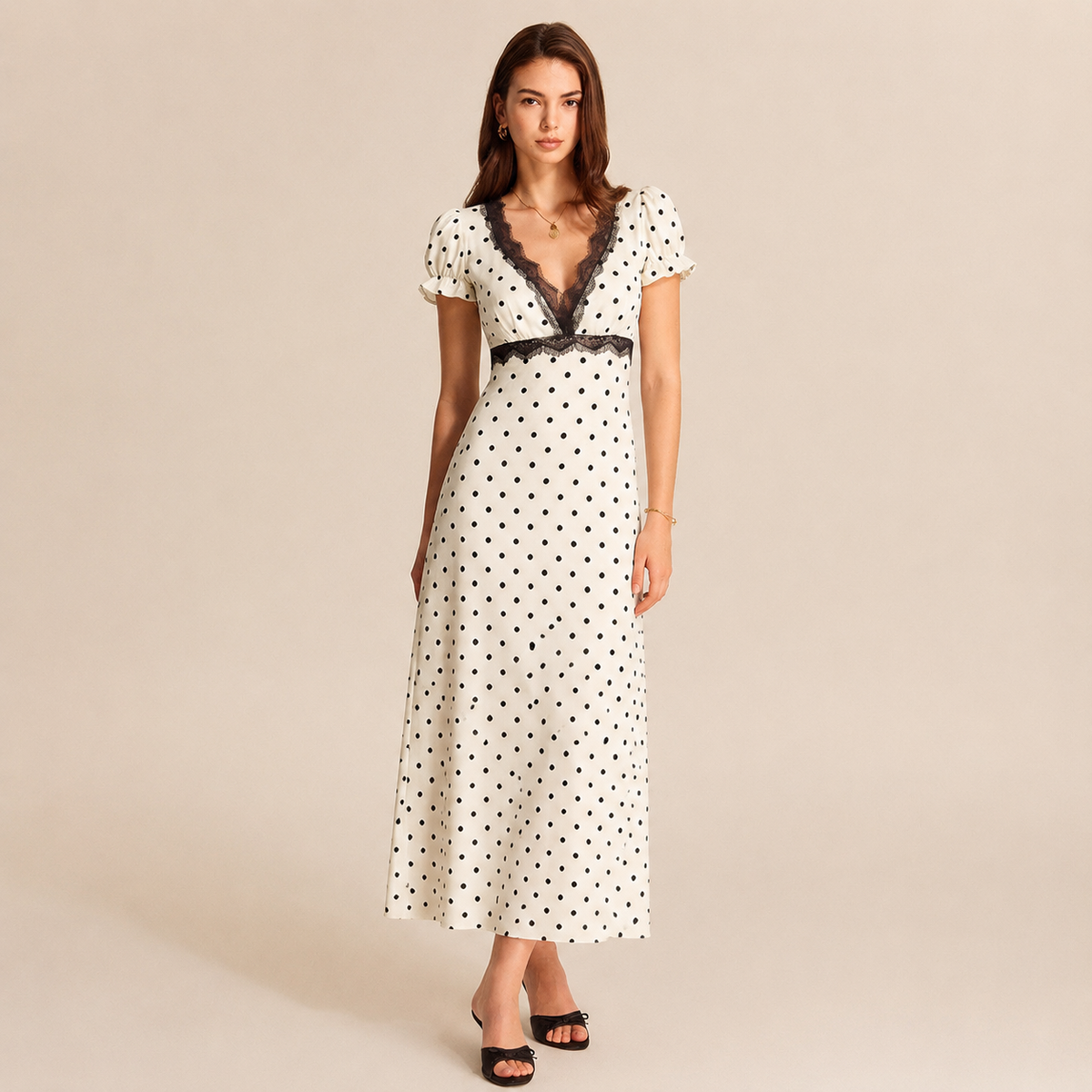 V-Neck Lace Trim Puff Sleeve Polka Dot Maxi Dress