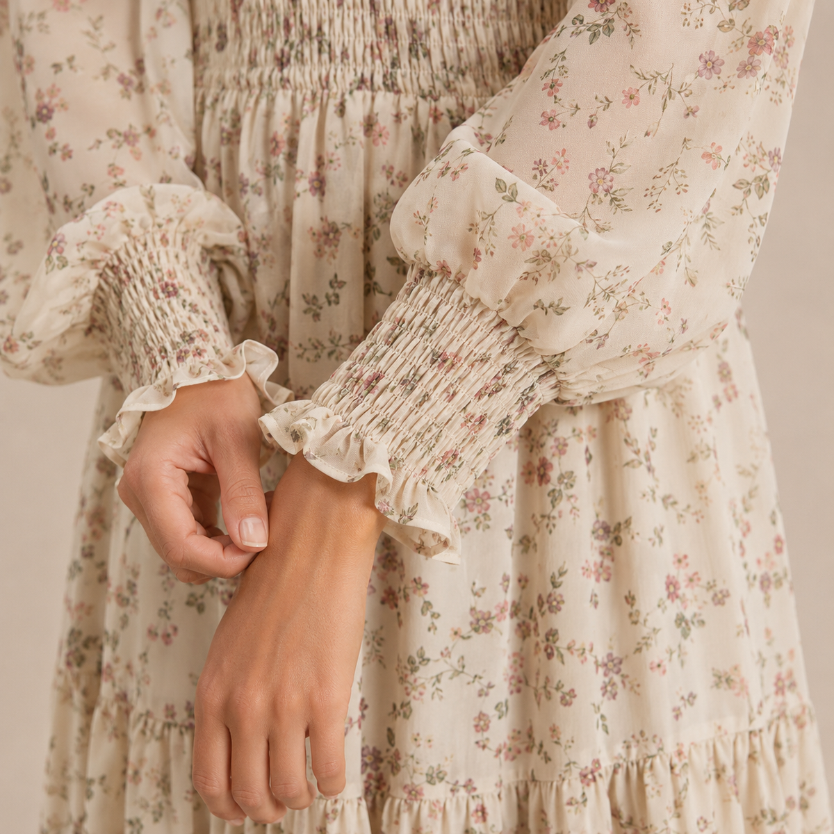Floral V-Neck Long Sleeve Shirred Tiered Maxi Dress 2