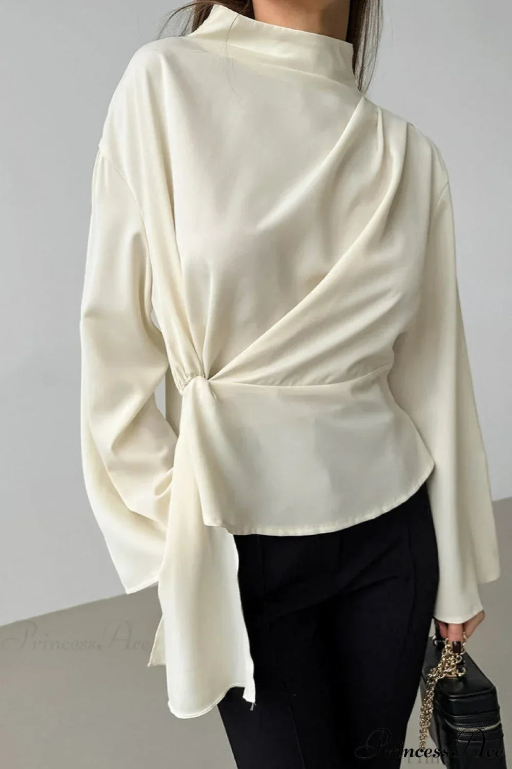 Beige Chiffon Tie Waist Flared Sleeve Blouse