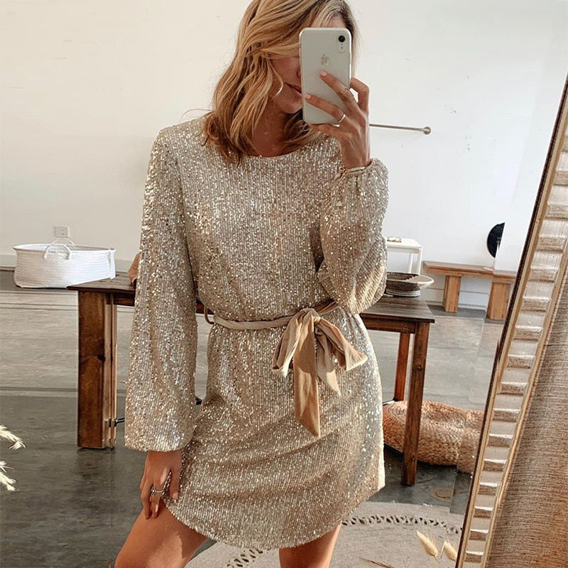 Sequin Crew Neck Balloon Sleeve Waist Tie Sash Mini Dress