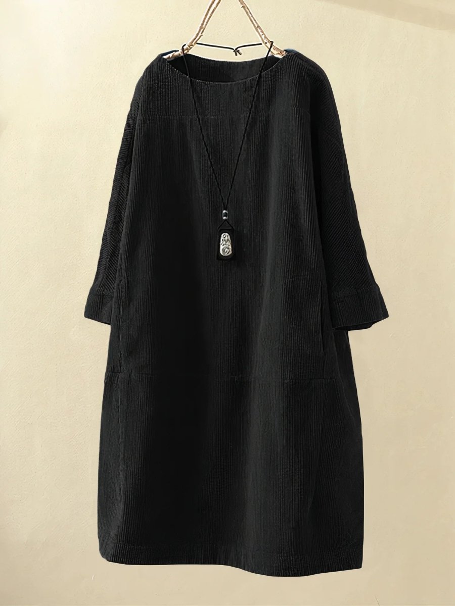 Boat Neck Half Sleeve Corduroy Shift Midi Dress 9