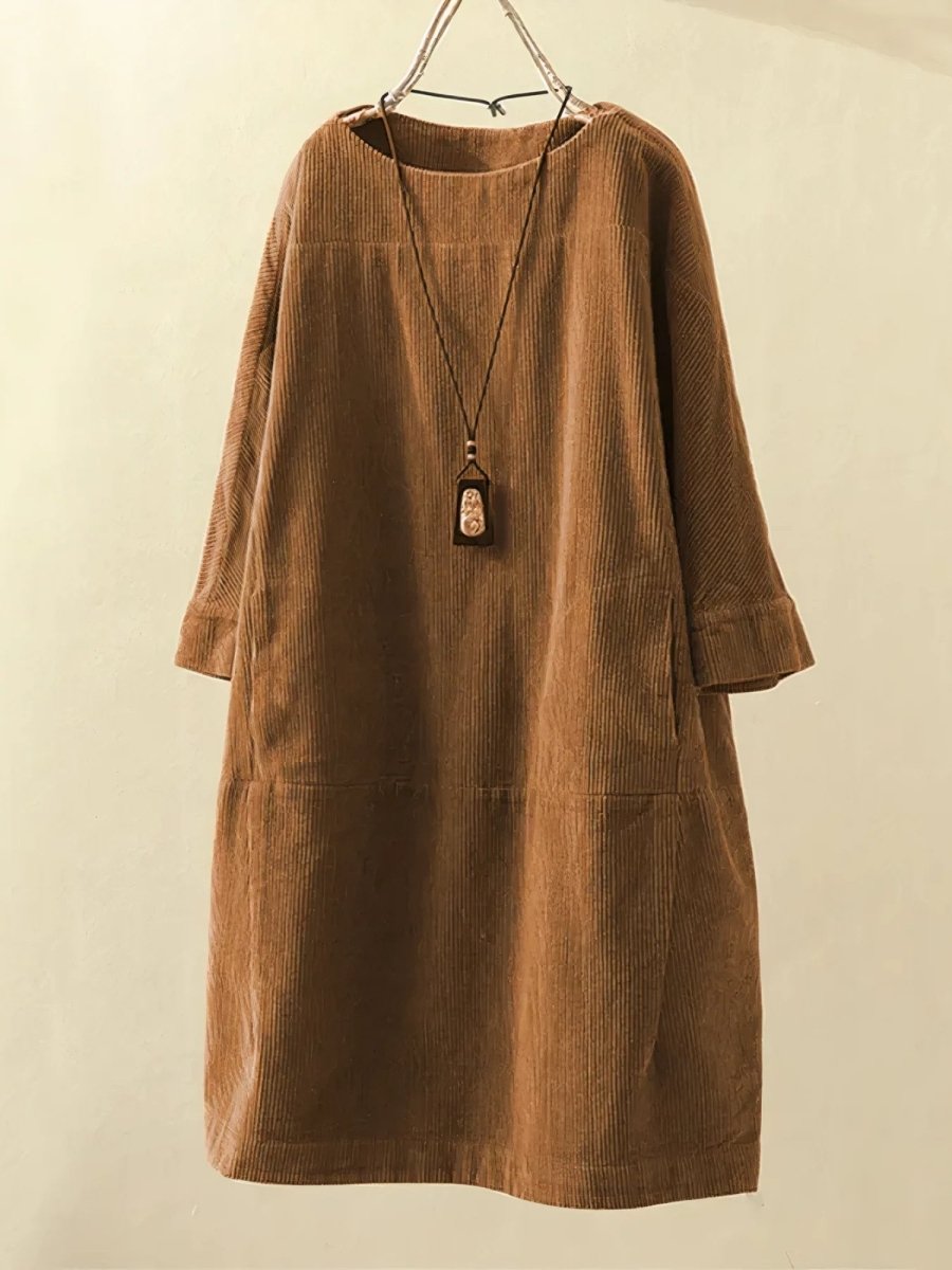 Boat Neck Half Sleeve Corduroy Shift Midi Dress 5