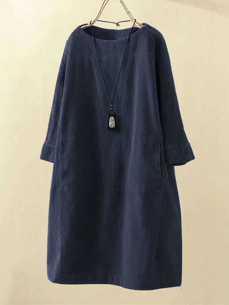 Boat Neck Half Sleeve Corduroy Shift Midi Dress 3