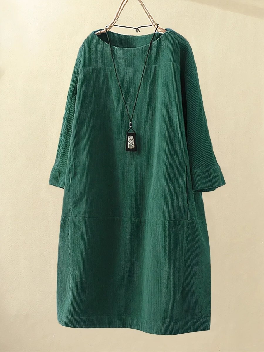 Boat Neck Half Sleeve Corduroy Shift Midi Dress 8
