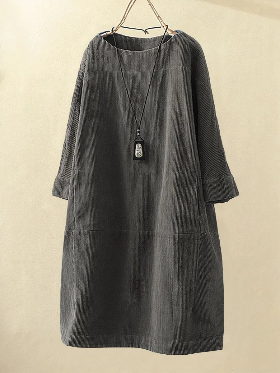 Boat Neck Half Sleeve Corduroy Shift Midi Dress 6