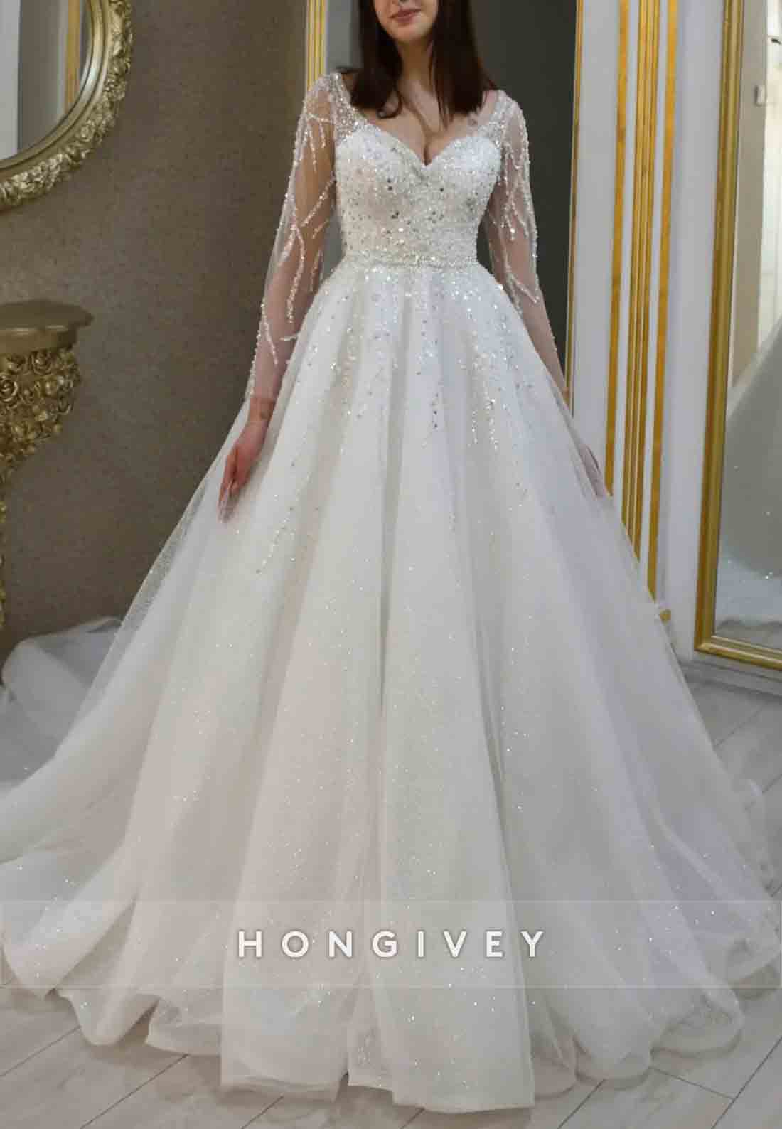 Sparkle Long Sleeves V-Neck Princess Court Train Beading Empire Wedding Dresses