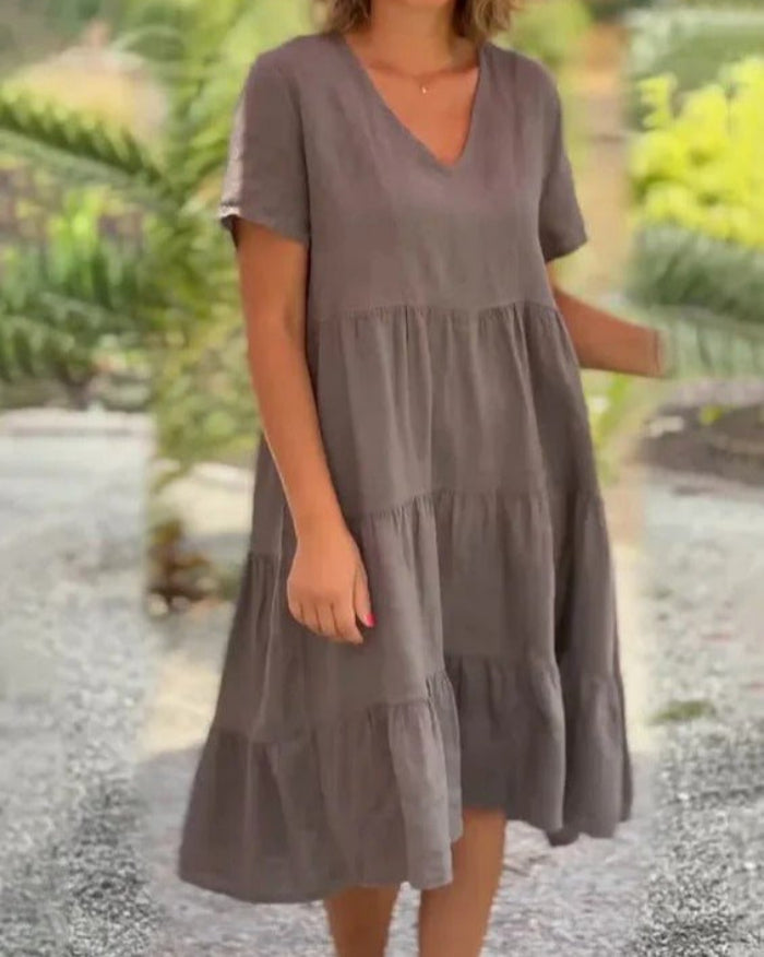 V-Neck Short Sleeve Tiered Linen Look Summer Midi Dress