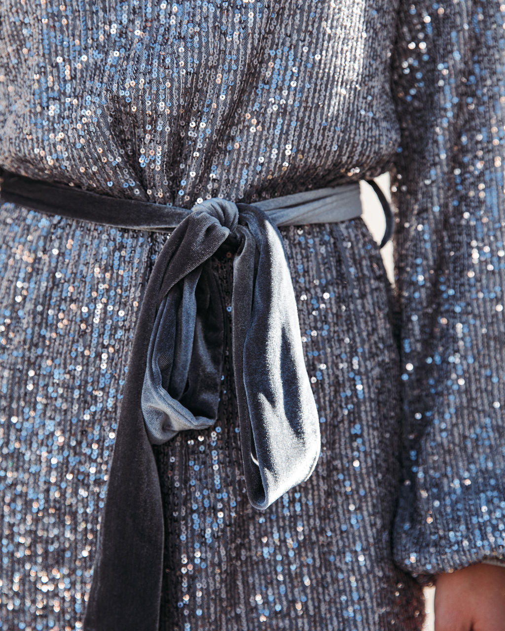 Sequin Round Neck Long Sleeve Belted Mini Dress