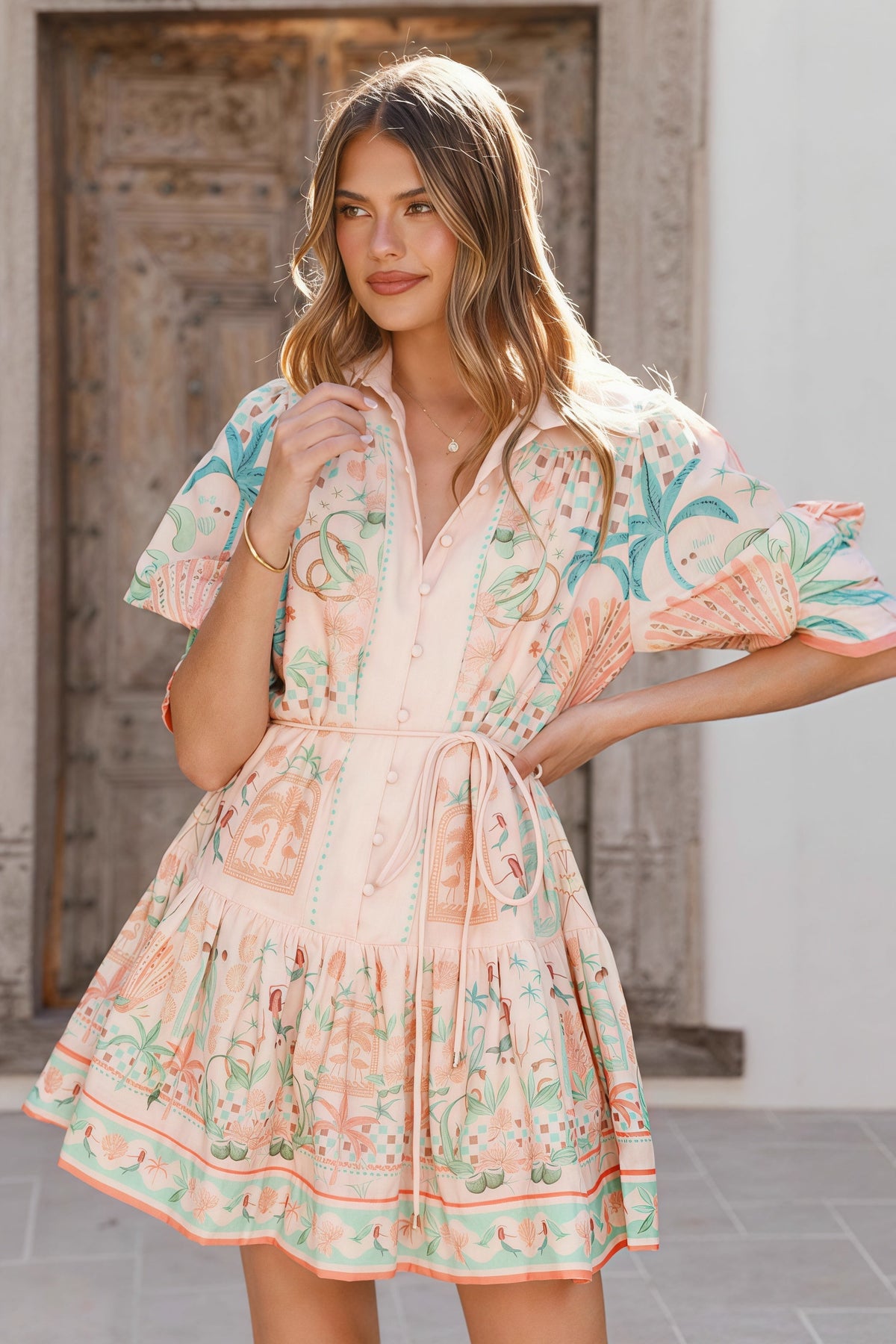 Tropical Print Collared Puff Sleeve Tiered Mini Dress 2