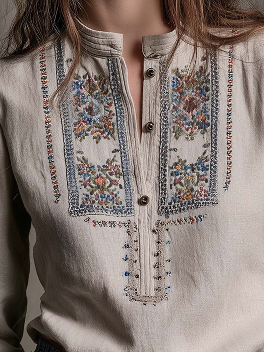 Vintage Embroidered Boho Linen Blouse - Fashionpara