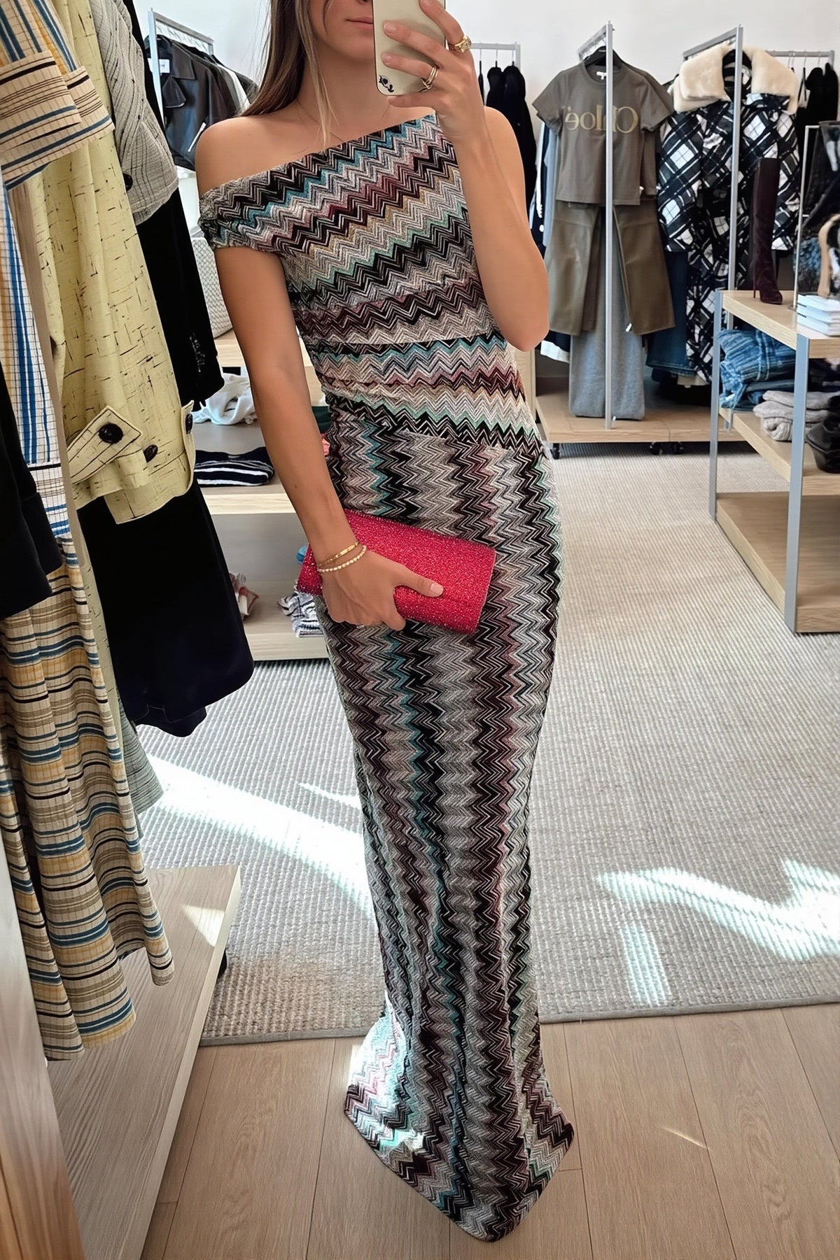 Metallic Chevron Knit One Shoulder Maxi Gown 2