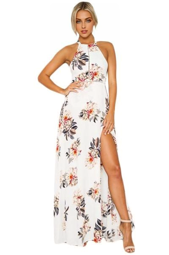 Floral Print Halter Cutout Back Split Maxi Dress