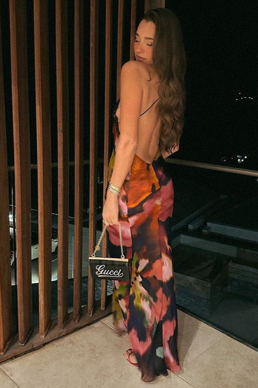 Floral Print Lace Trim Plunge Neck Slip Maxi Gown 5