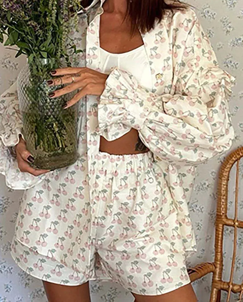 Beige Print Lapel Mid Shorts Office Two Piece Set