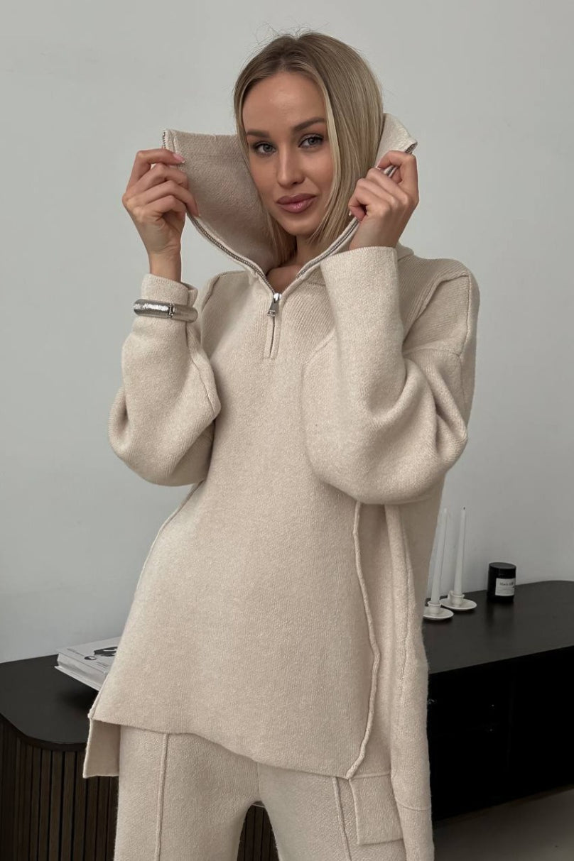 Turtleneck Half Zip Solid Casual Pants Two Piece Set