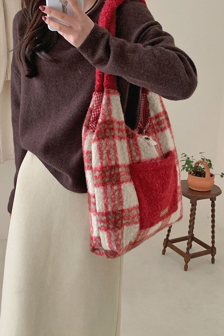 Christmas Red Plaid Faux Fur Panel Tote Shoulder Bag