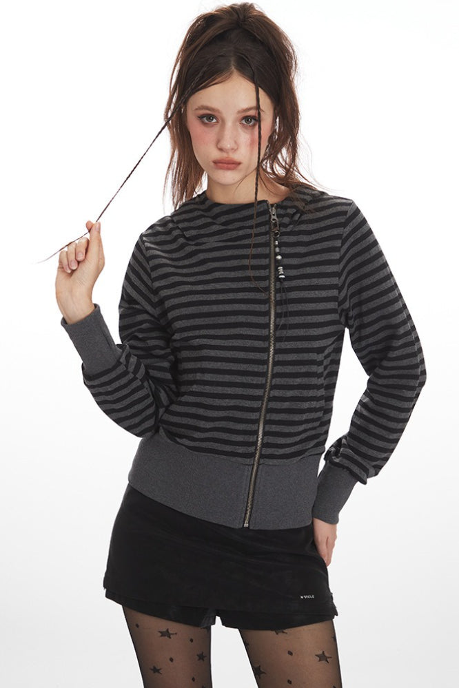 Striped Zip Up Cropped Hoodie - Fashionpara