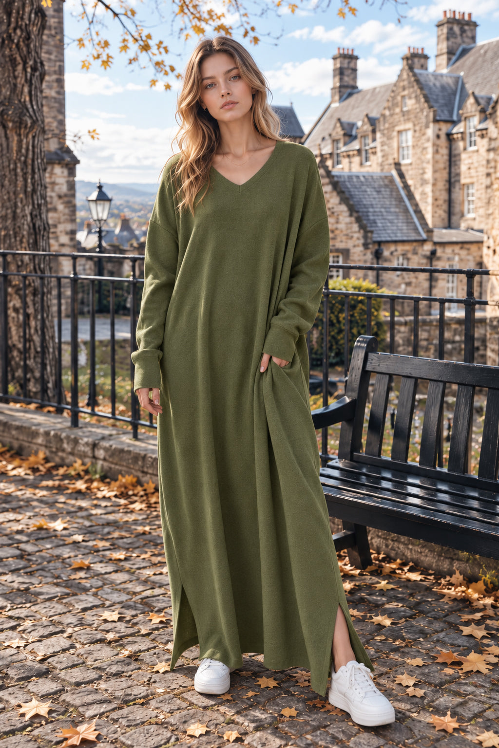 Knit V-Neck Long Sleeve Oversized Side-Slit Maxi Dress