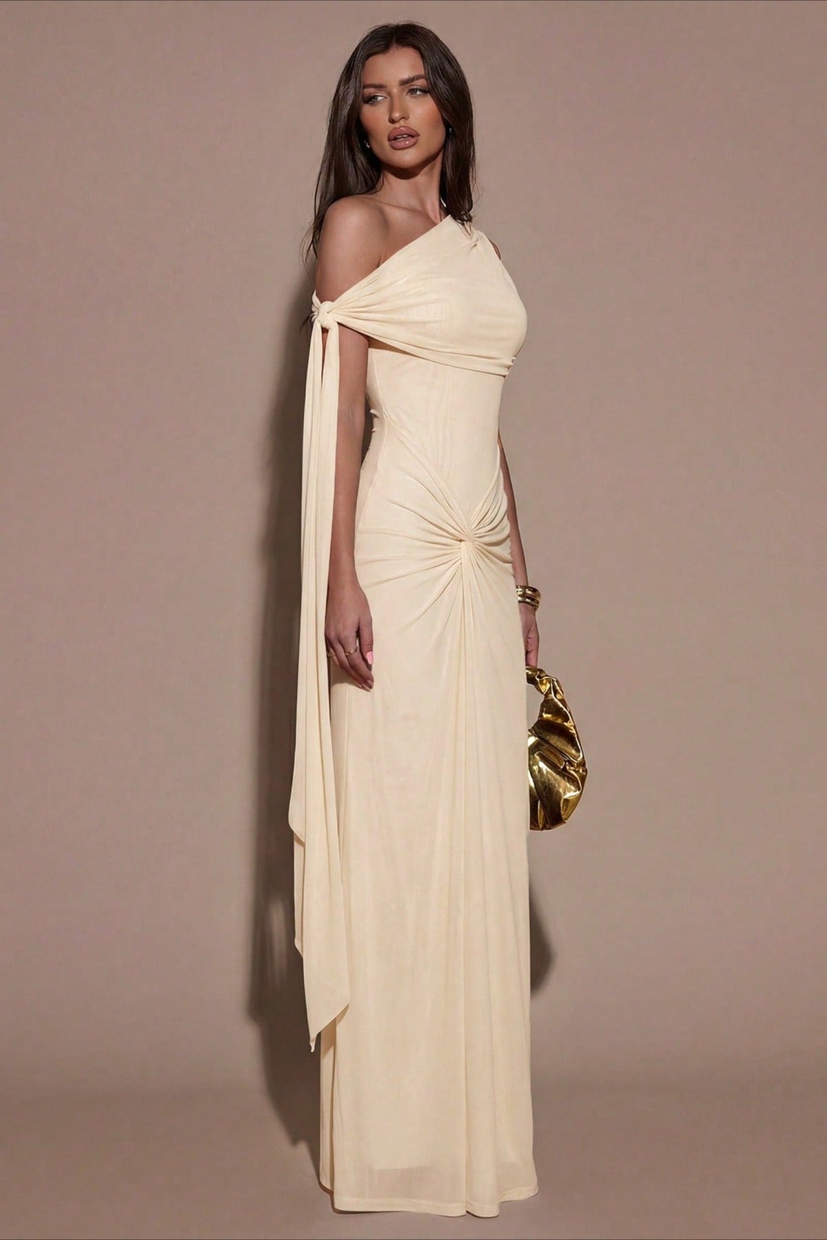 One Shoulder Draped Ruched Twist-Front Dress