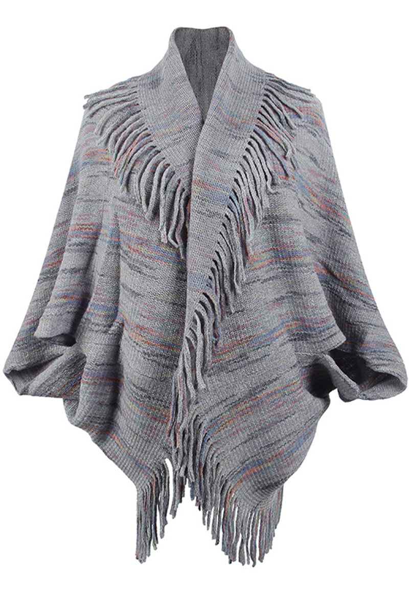 Color Striped Fringed Knit Shawl Sweater - Fashionpara