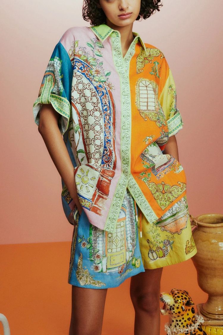 Unique Print Loose Short Sleeve Shirt and Elastic Waist Drawstring Pocket Shorts Set - Fashionpara