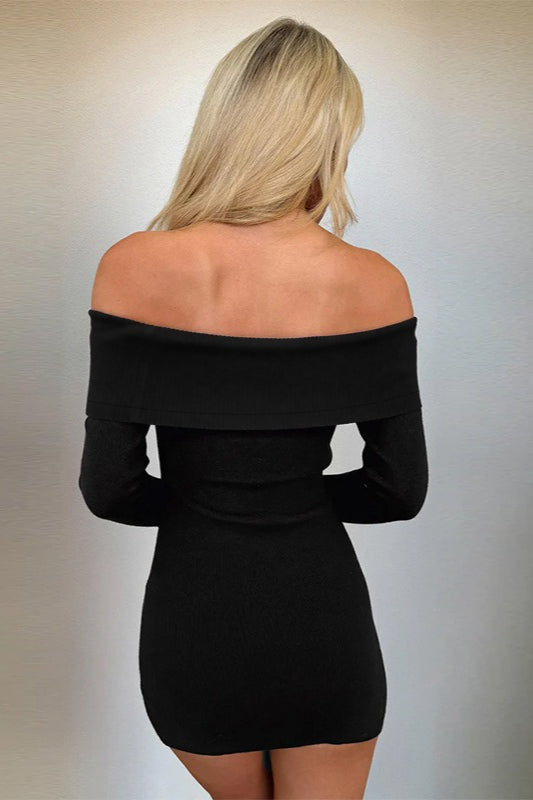 Off Shoulder Long Sleeve Foldover Bodycon Mini Dress