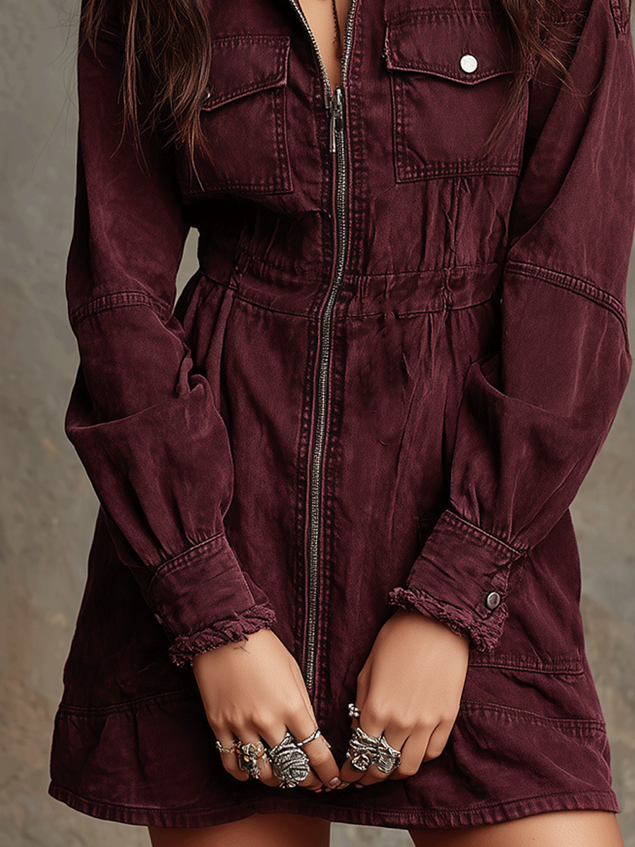 Vintage Burgundy Utility Zip-Front Shirt Mini Dress - Fashionpara
