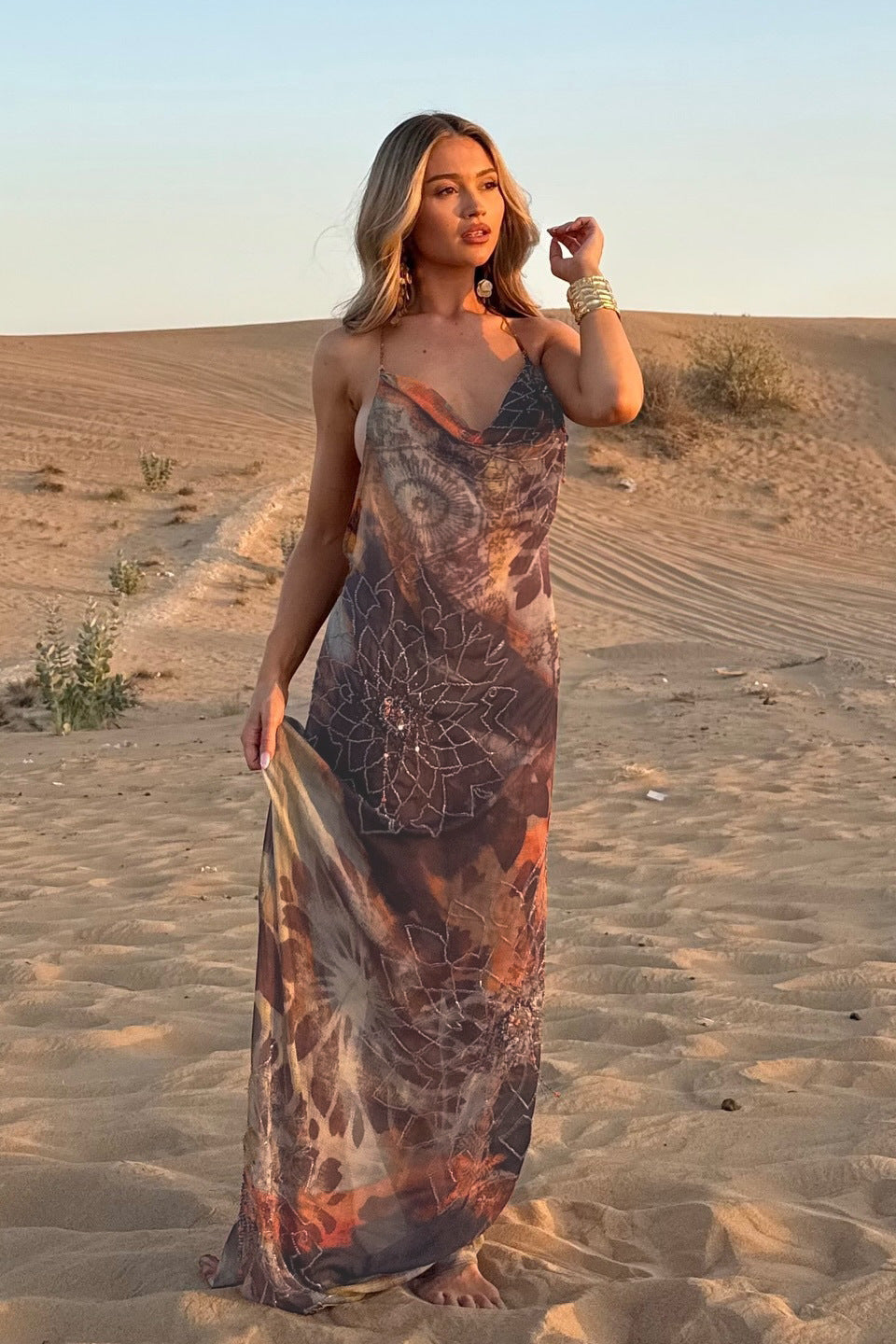 Abstract Print V-Neck Sleeveless Chiffon Maxi Dress