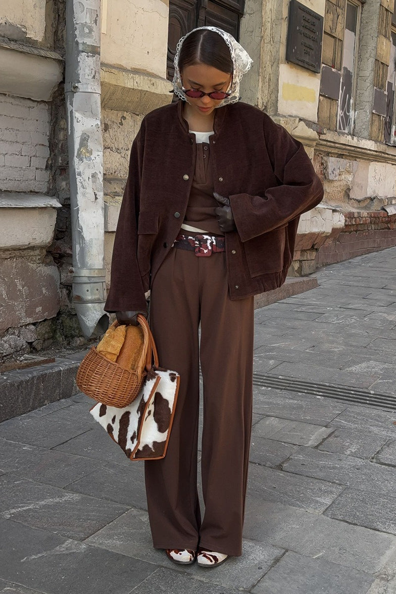 Coffee Corduroy Stand-Collar Loose Jacket