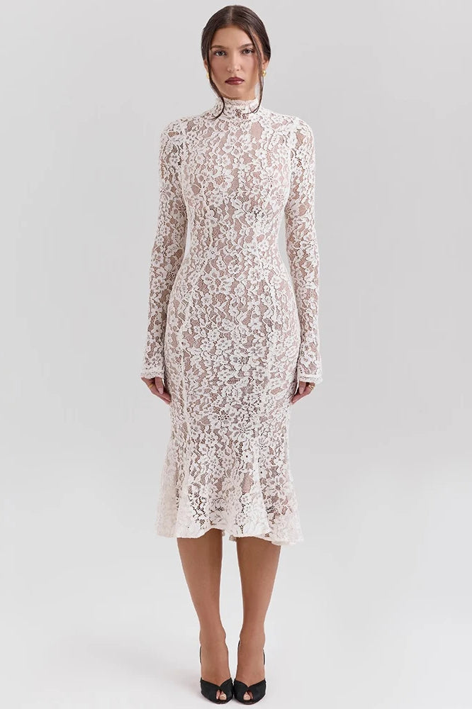 Floral Lace High Neck Long Sleeve Mermaid Midi Dress 3