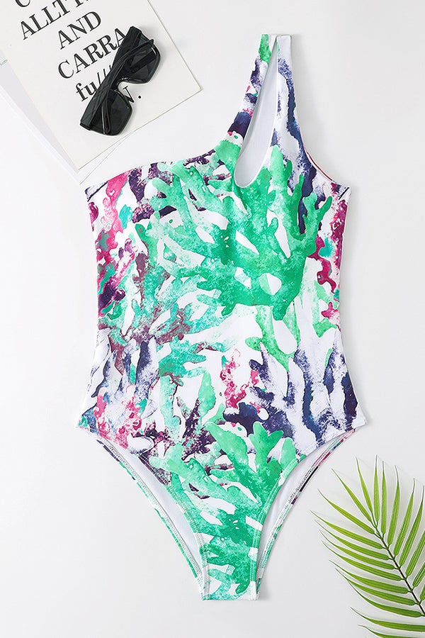 One-shoulder Cutout Print One-piece Swimsuit - Fashionpara