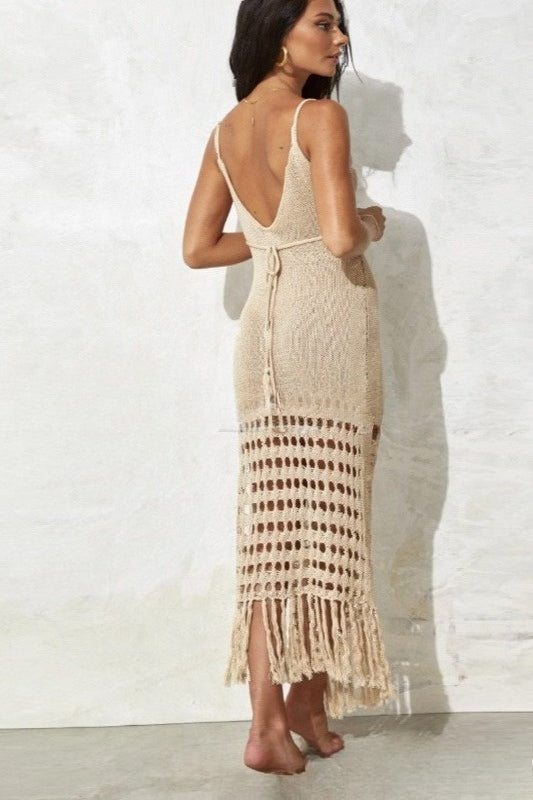 Beach Crochet Fringe Tank V Neck Boho Dress - Fashionpara