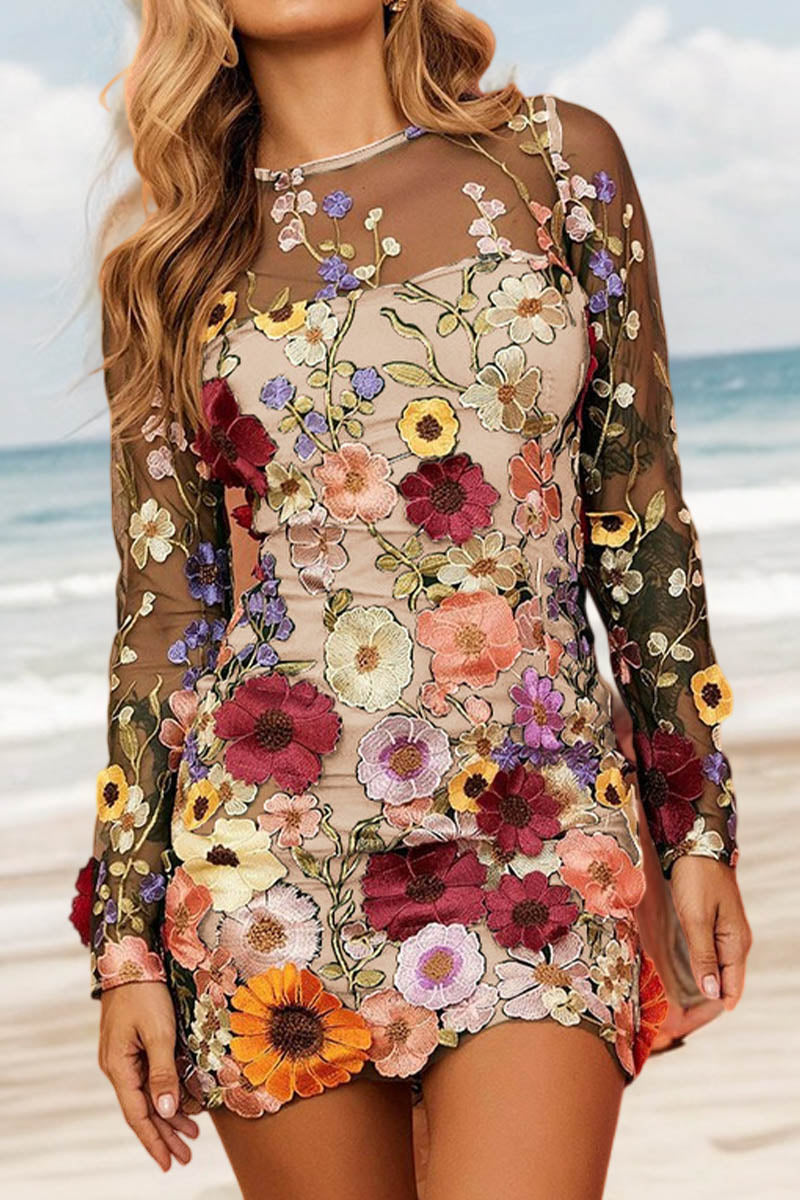 3D Lace Flower Embroidered Long-sleeved Fitted Suspender Dress - Fashionpara