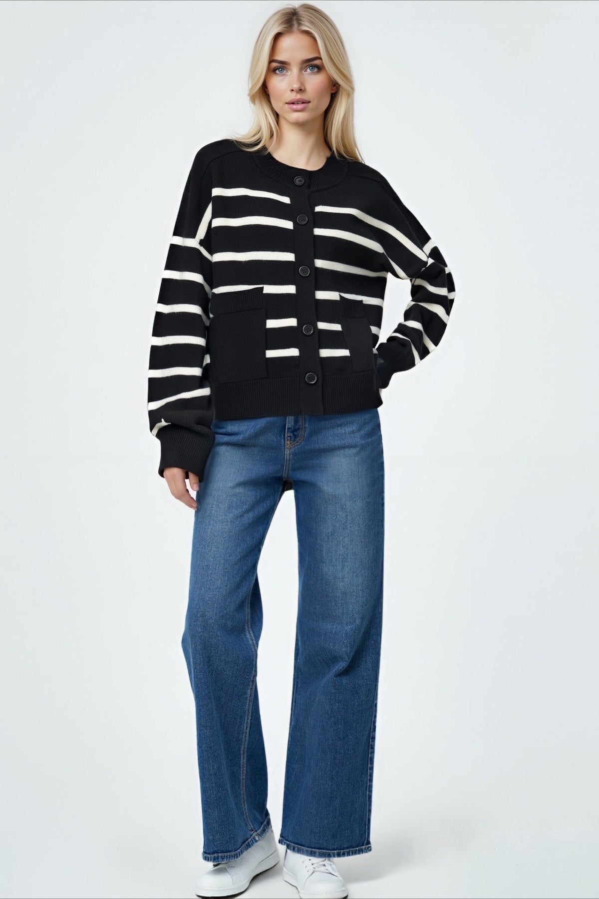 Crew Neck Striped Button Pocket Knit Cardigan 6