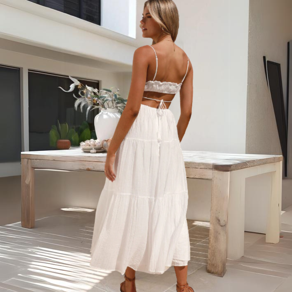 Spaghetti Strap Tie Back Tiered Chiffon Maxi Summer Dress - View 8