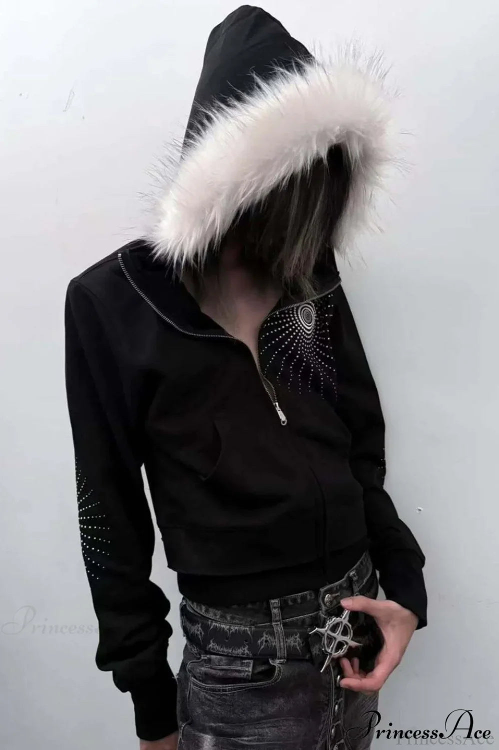 Big Fur Hood Print Zip-Up Hoodie